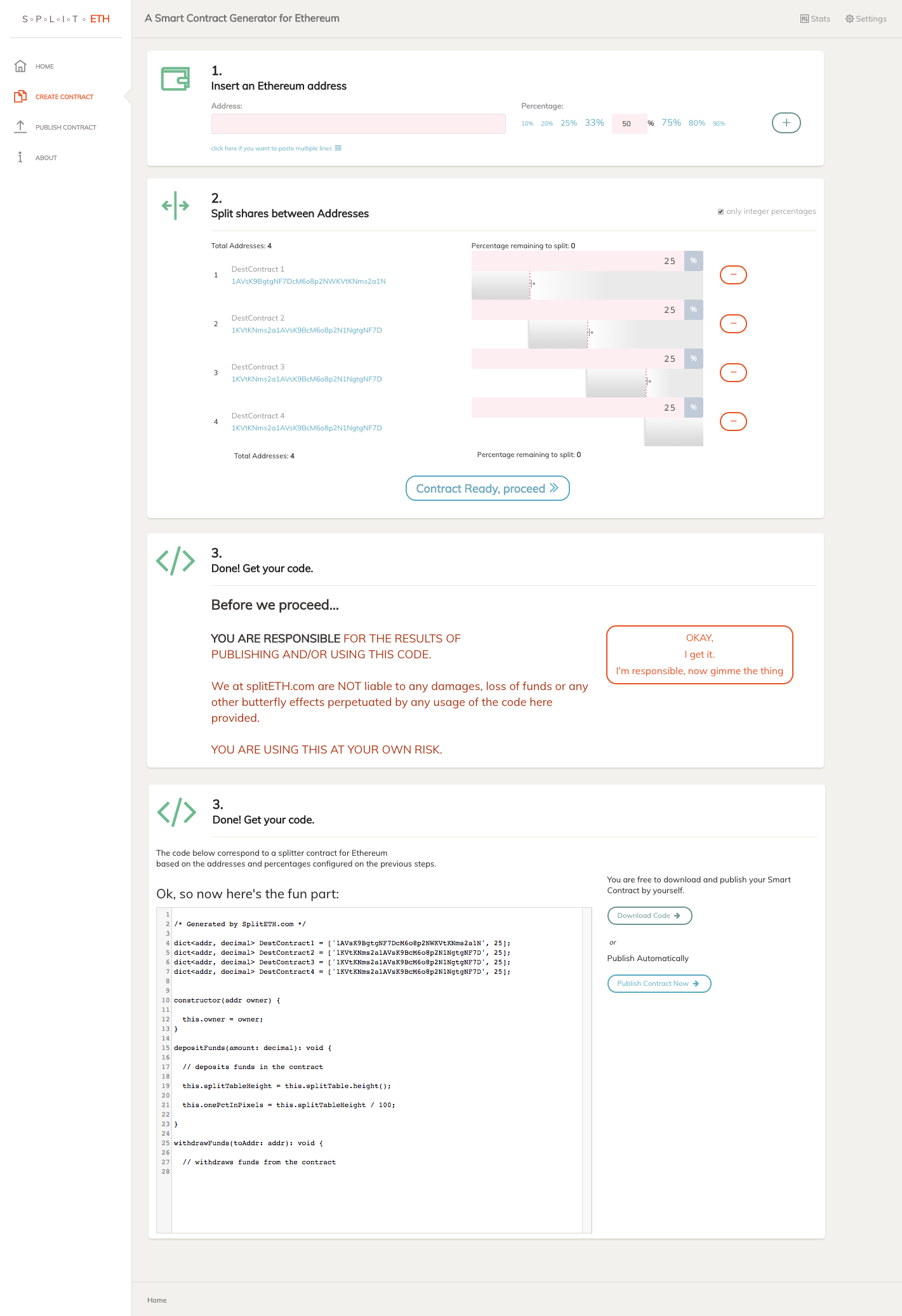 Split ETH contract creation page